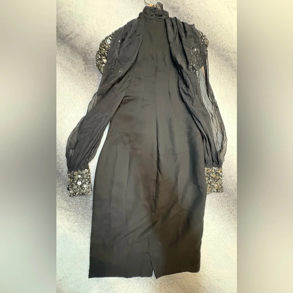 Badgley Mischka Black Crepe Chiffon Open Sleeve‎ Jeweled Bead Cuff Dress XS 0 2